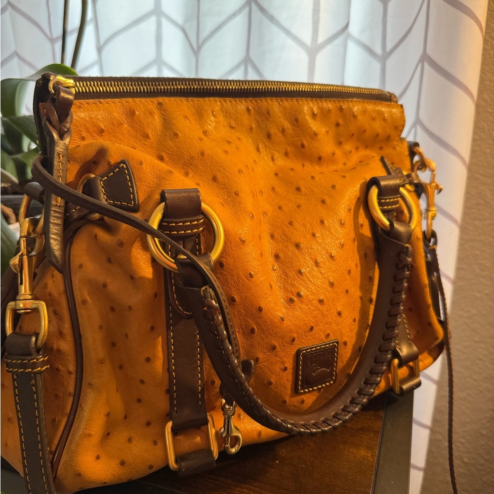 Dooney & Bourke Amber Ostrich-Embossed Leather Shoulder Bag with Dark Brown Trim